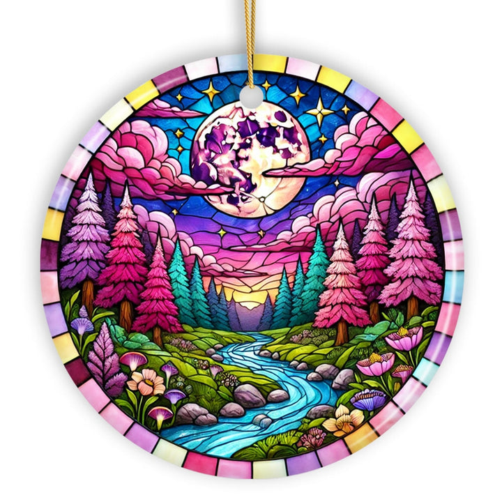 Enchanted Forest Glow Pink Themed Ornament, Mystical Moonlit Landscape Gift and Decor Ceramic Ornament OrnamentallyYou