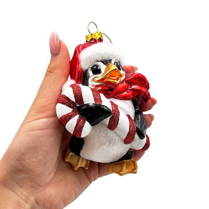 Penguin with Candy Glass Christmas Ornament, Arctic Bird Classic Tree Decoration Glass Ornament OrnamentallyYou