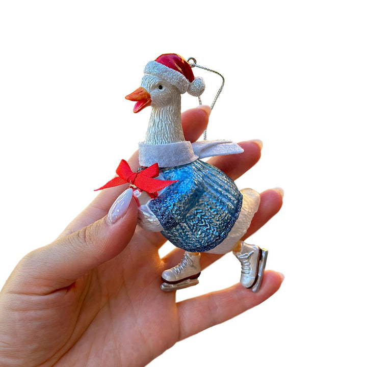 Playful Goose in Skates Glass Christmas Ornament, Whimsical Cute Duck Tree Decor Glass Ornament OrnamentallyYou