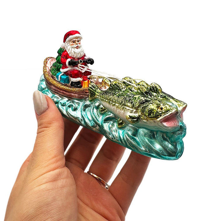 Santa's Fishing Adventure Glass Christmas Ornament, Holiday Angler Fish in Sleigh Glass Ornament OrnamentallyYou