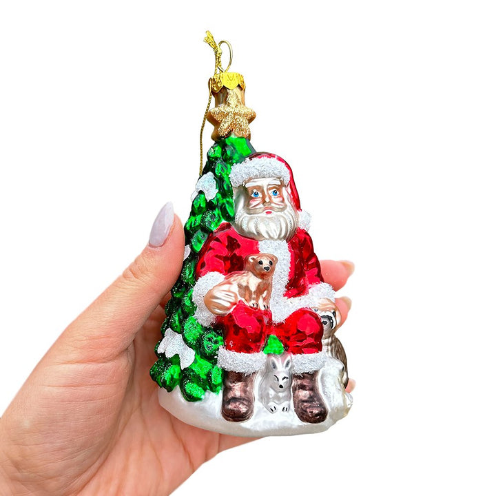 Santa with Woodland Animals Glass Christmas Ornament, Handblown Tree Decor Glass Ornament OrnamentallyYou