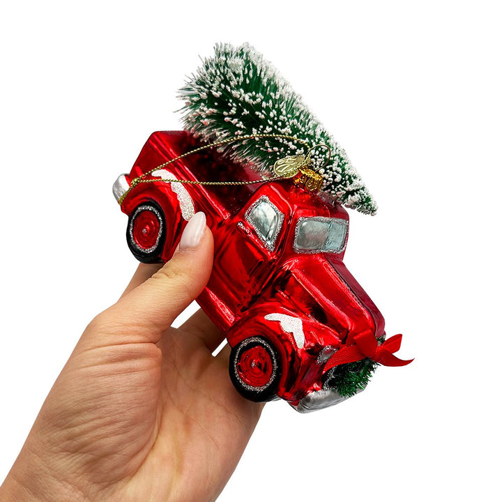 Traditional Red Truck with Ornamental Tree Glass Christmas Ornament Glass Ornament OrnamentallyYou