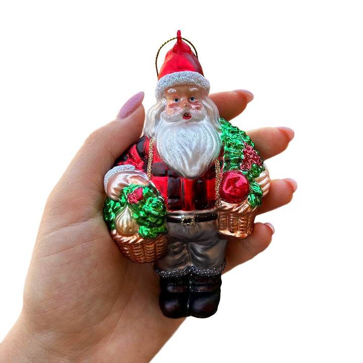 Wholesome Santa the Vegetable Farmer Glass Christmas Ornament, Farm Style Holding Potatoes, Lettuce, and Tomatoes Glass Ornament OrnamentallyYou