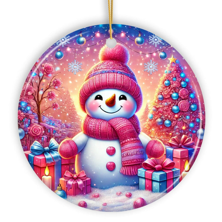 Joyful Frost Snowman Pink Themed Ornament, Festive Winter Spirit for Holiday Gift Ceramic Ornament OrnamentallyYou Circle