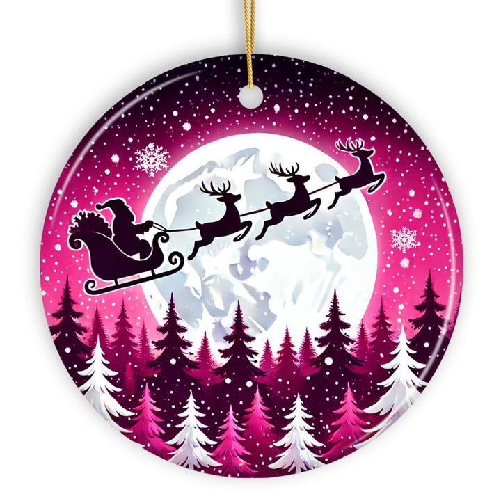 Moonlit Santa Silhouette Pink Themed Ornament, Enchanted Night Sky for Holiday Decor Ceramic Ornament OrnamentallyYou