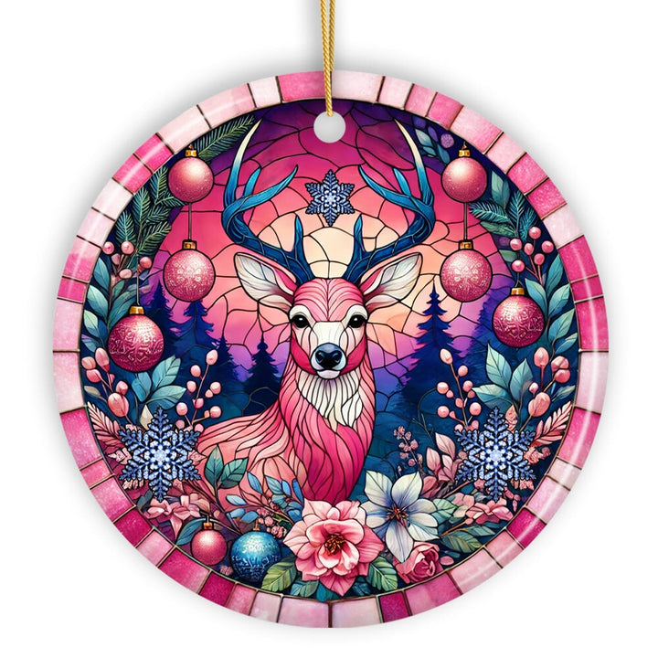 Mystical Yuletide Deer Pink Themed Ornament, Elegant Christmas Tree Decor Ceramic Ornament OrnamentallyYou