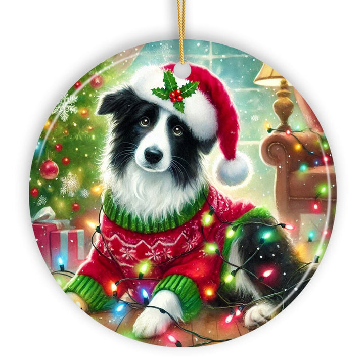 Playful Border Collie with Santa Hat Ornament, Festive Canine Christmas Decor Ceramic Ornament OrnamentallyYou Circle