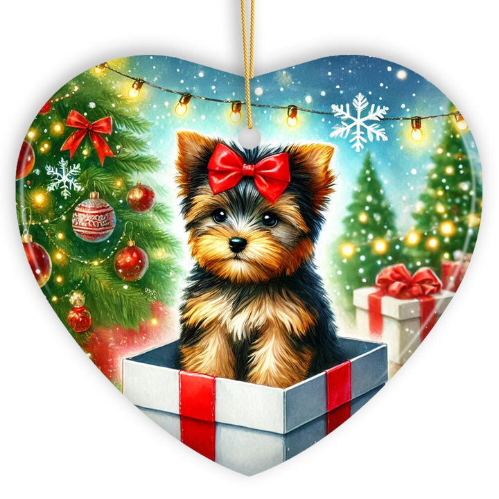 Precious Yorkshire Terrier Christmas Gift Ornament, Sweet Holiday Scene Decor Ceramic Ornament OrnamentallyYou Heart