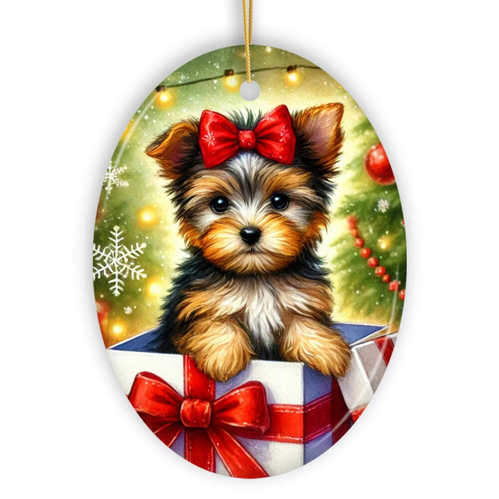 Precious Yorkshire Terrier Christmas Gift Ornament, Sweet Holiday Scene Decor Ceramic Ornament OrnamentallyYou Oval