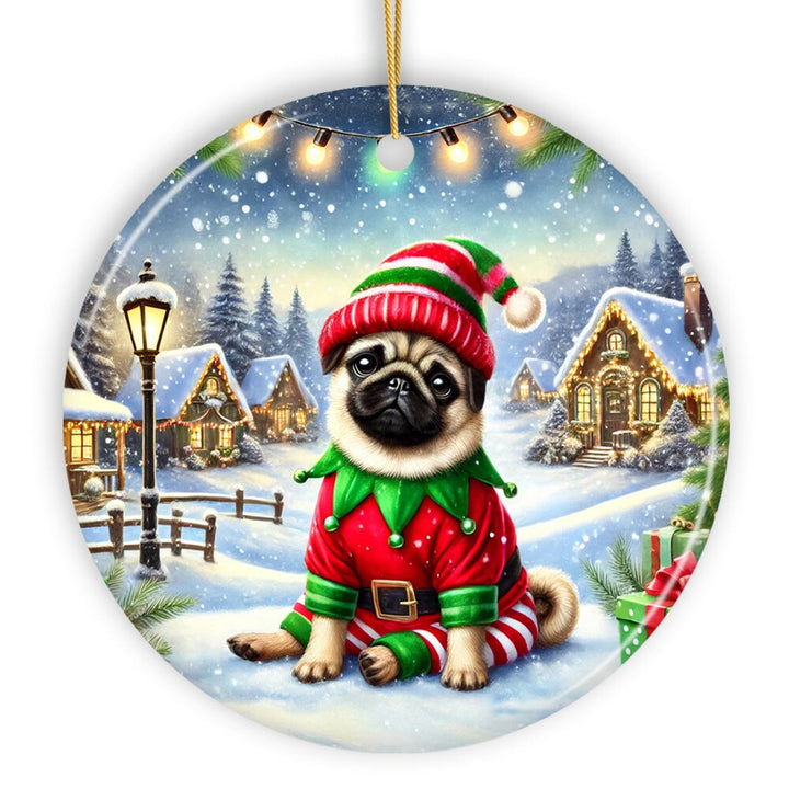 Santa's Little Helper Pug Elf Ornament, Whimsical Canine Christmas Decor Ceramic Ornament OrnamentallyYou Circle