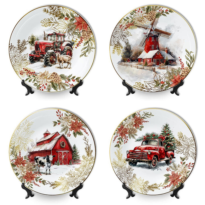 Farmhouse Christmas Set of 4 Plates with Real Gold Elements, Holiday Tableware Collection for Salad, Dessert, Appetizer, and Side Plates Plate Sets OrnamentallyYou