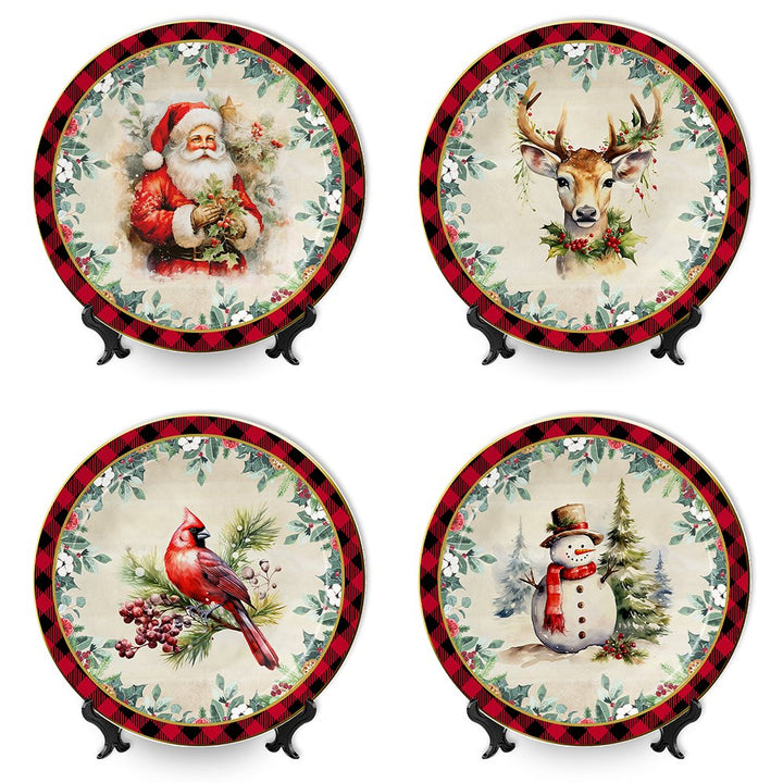 Holiday Cheer Set of 4 Plates with Real Gold Plaid Trim, Christmas Tableware Collection for Salad, Dessert, Appetizer, and Side Plates Plate Sets OrnamentallyYou