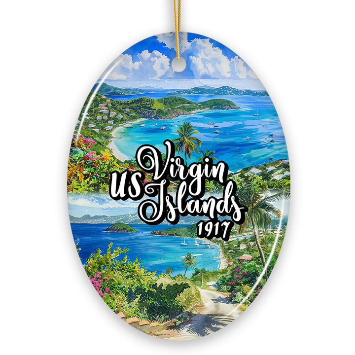 Artistic US Virgin Islands Ornament, Tropical Beach Paradise in Atlantic Ocean Christmas Souvenir Ceramic Ornament OrnamentallyYou