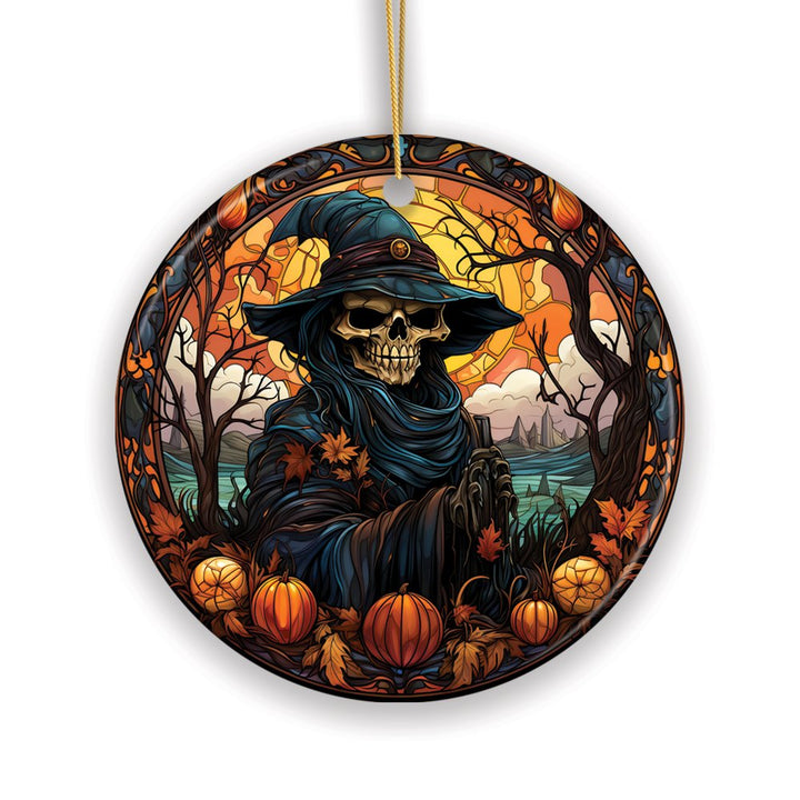 Bewitching Skeletal Sorcery Stained Glass Style Ceramic Ornament, Halloween Themed Christmas Gift and Decor Ceramic Ornament OrnamentallyYou