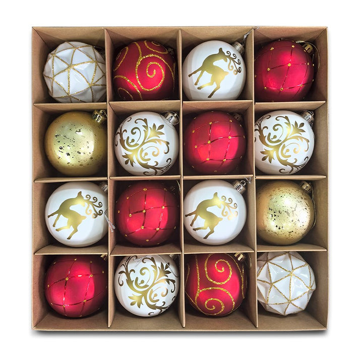 Charming Elegance Ornament Bundle 16 Piece Set, Red White and Gold with Glitter Premium Shatterproof Ornament Bundle OrnamentallyYou