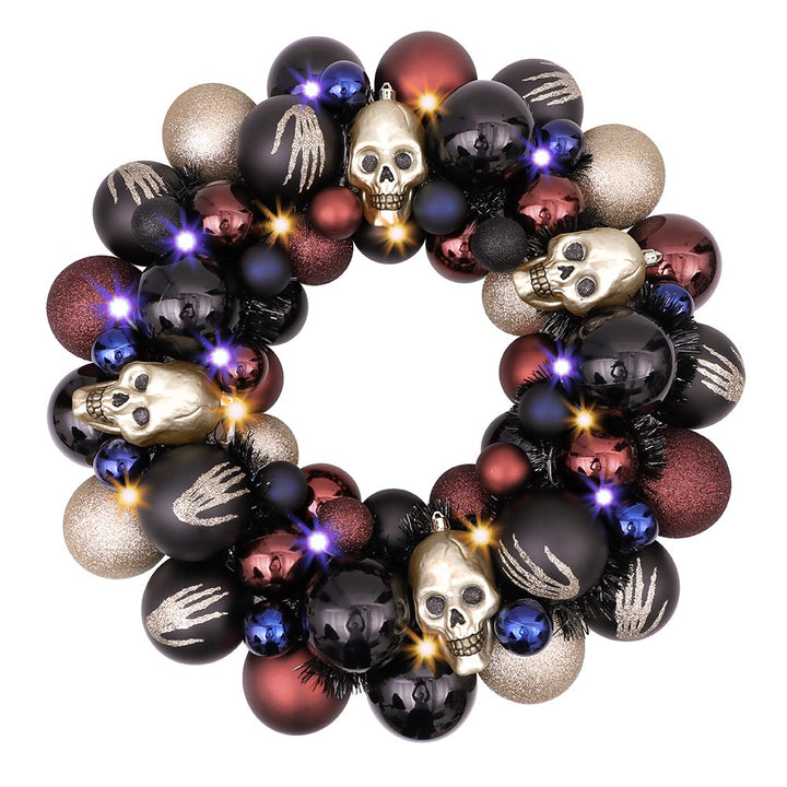 Creep and Glitter Spooky Wreath with Skeleton Skull Baubles, Black, Maroon and Gold Colors with Shiny Glitter Wreath OrnamentallyYou