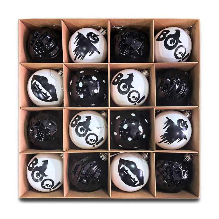 Creepy Boo Assorted 16 Piece Black and White Ornament Bundle, Monochrome 3" Halloween Bauble Set Ornament Bundle OrnamentallyYou
