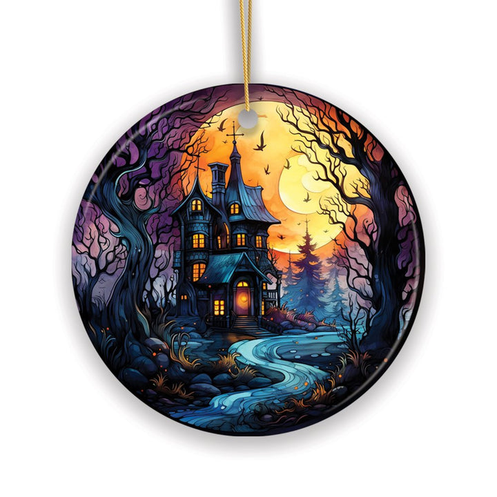 Eerie Abode Amidst Spooky Trees Stained Glass Style Ceramic Ornament, Halloween Themed Christmas Gift and Decor Ceramic Ornament OrnamentallyYou