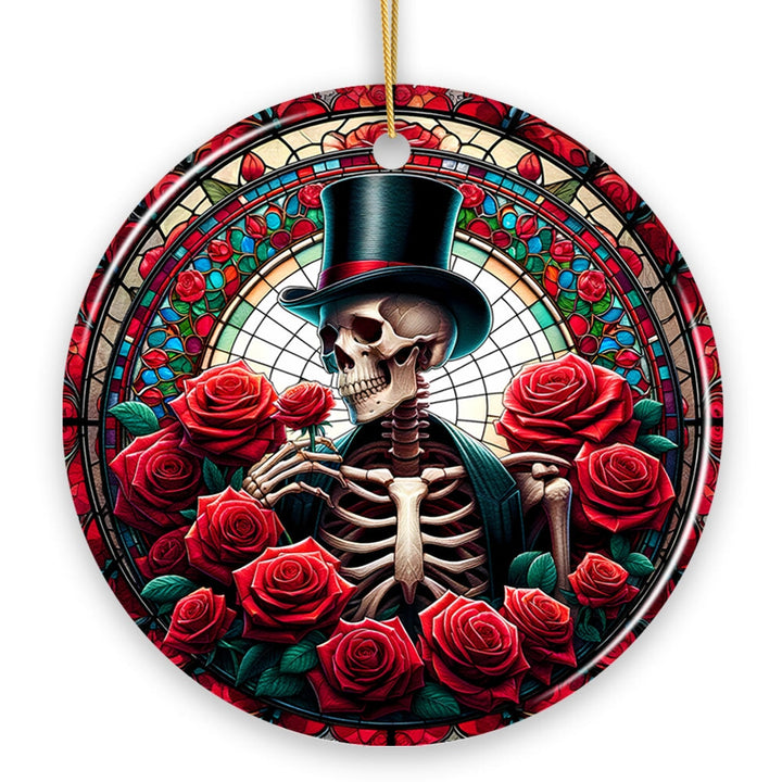 Elegant Bones Top-Hat Skeleton with Roses Stained Glass Style Ceramic Ornament, Halloween Themed Christmas Gift and Decor Ceramic Ornament OrnamentallyYou