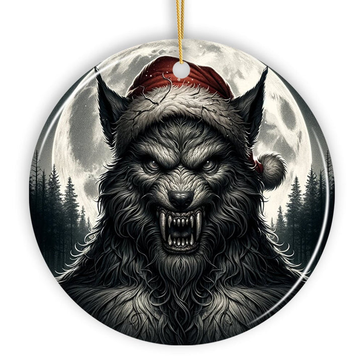 Ferocious Werewolf with Santa Hat Ornament, Terrifying Holiday Gift for Halloween Lovers Ceramic Ornament OrnamentallyYou