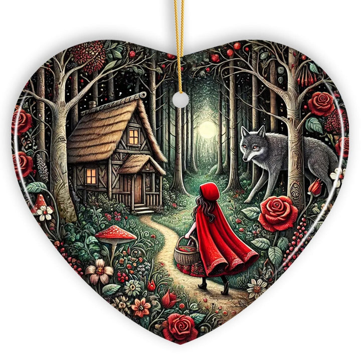 Folksy Sly Wolf and Red Riding Hood Ornament, Mystic Woodland Fantasy Holiday Decoration Ceramic Ornament OrnamentallyYou