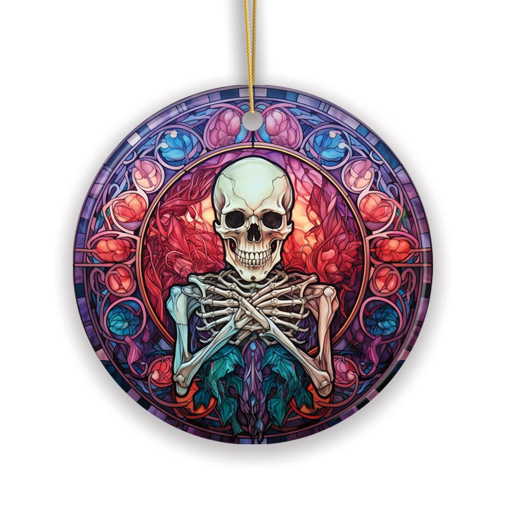 Ghastly Grins Haunted Halloween Skeleton Stained Glass Style Ceramic Ornament, Halloween Themed Christmas Gift Ceramic Ornament OrnamentallyYou