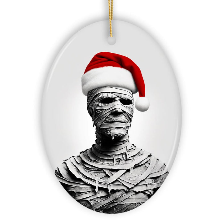 Ghoulish Mummy with Santa Hat Ornament, Sinister Holiday Keepsake for Halloween Lovers Ceramic Ornament OrnamentallyYou