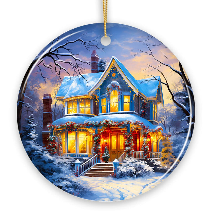 Glowing Winter Night Painting Ceramic Ornament, Warm and Inviting Christmas Tree Decor Ceramic Ornament OrnamentallyYou