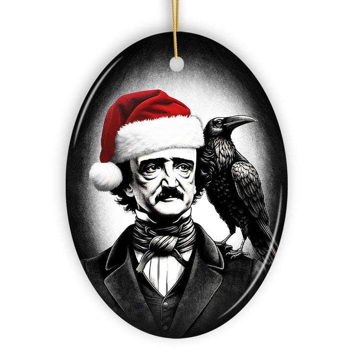 Gothic Edgar Allan Poe with Santa Hat And Raven Ornament, Spooky Halloween Tree Christmas Decor Ceramic Ornament OrnamentallyYou