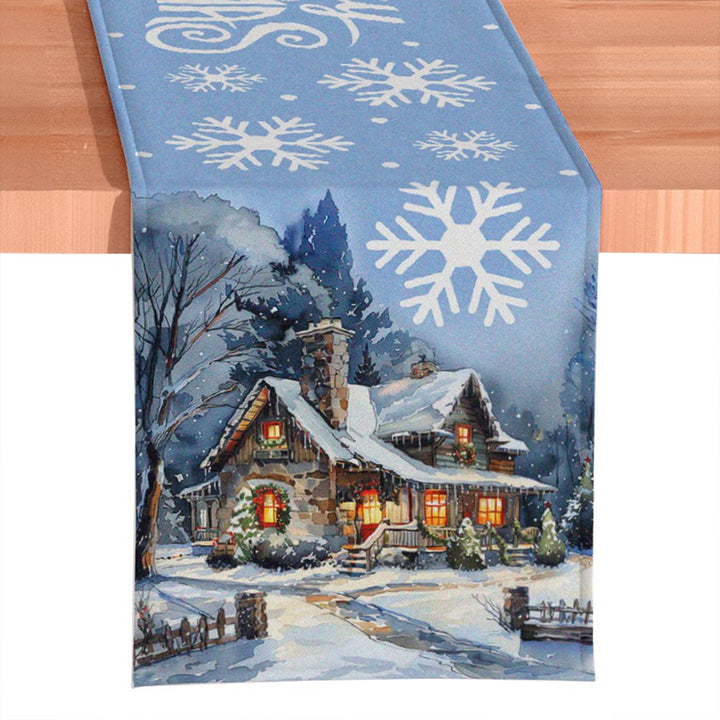 Gracefully Artful Winter Cabin 72" Table Runner, Merry Christmas Blue Rectangle Tablecloth with Snowflakes Table Runner OrnamentallyYou