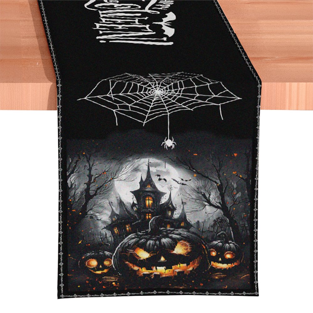 Haunted Horrors 72" Table Runner, Jacquard Halloween Home Black Tablecloth Decoration with Pumpkins and Spiderwebs Table Runner OrnamentallyYou