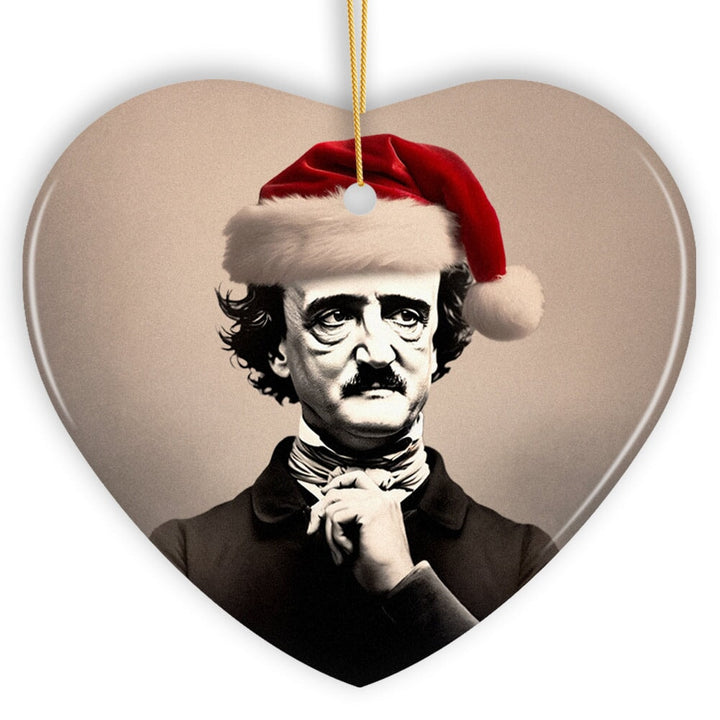 Melancholic Poet Edgar Allan Poe with Santa Hat Ornament, Eerie Christmas Gift for Literature Lovers Ceramic Ornament OrnamentallyYou