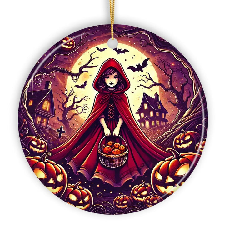 Mysterious Red Riding Hood in the Woods Ornament, Spooky Halloween Tree Decor Ceramic Ornament OrnamentallyYou
