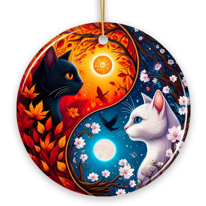 Mystical Seasons Yin and Yang Cats Ceramic Ornament, Gift for White and Black Kitten Lovers Ceramic Ornament OrnamentallyYou