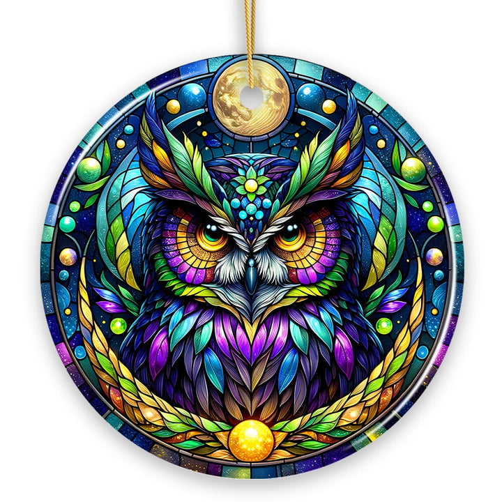 Nocturnal Enchanter Mysterious Owl Stained Glass Style Ceramic Ornament, Halloween Themed Christmas Gift and Decor Ceramic Ornament OrnamentallyYou