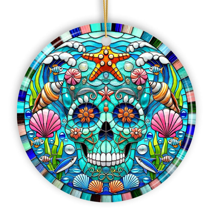 Oceanic Oasis Sugar Skull Stained Glass Style Ornament, Marine Wonder Christmas Gift and Decor Ceramic Ornament OrnamentallyYou