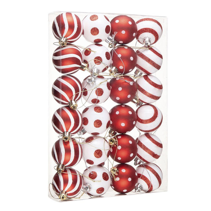 Polka Dot and Candycane Color Style Ornament Ball Bundle, Set of 24 Red and White Patterned Christmas Baubles Ornament Bundle OrnamentallyYou