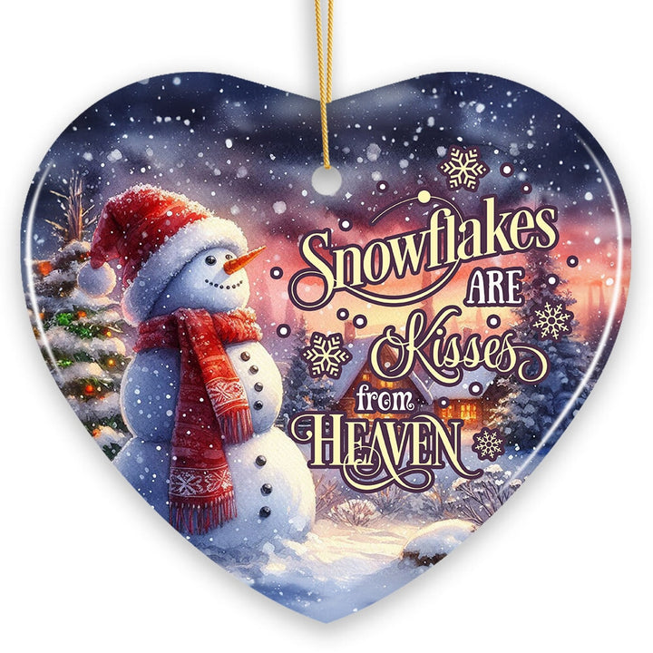 Snowflakes are Kisses from Heaven Quote Christmas Ornament, Snowman under the Twilight Sky Memorial Gift Ceramic Ornament OrnamentallyYou