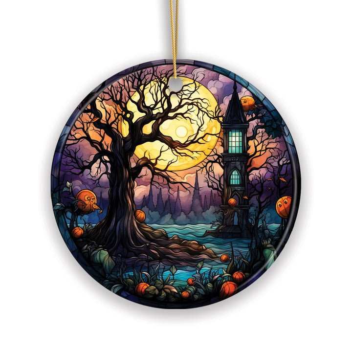 Spooky Tree & Haunted House Stained Glass Style Ceramic Ornament, Halloween Themed Christmas Gift and Decor Ceramic Ornament OrnamentallyYou