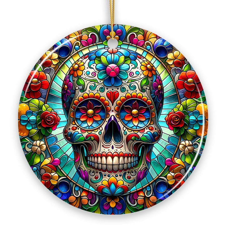 Sugar Skull Stained Glass Themed Ceramic Ornament, Day of the Dead Mexican Christmas Gift Ceramic Ornament OrnamentallyYou