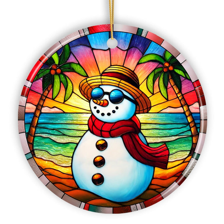 Tropical Holiday Sunset Snowman Ornament, Vibrant Beach Christmas Keepsake Ceramic Ornament OrnamentallyYou