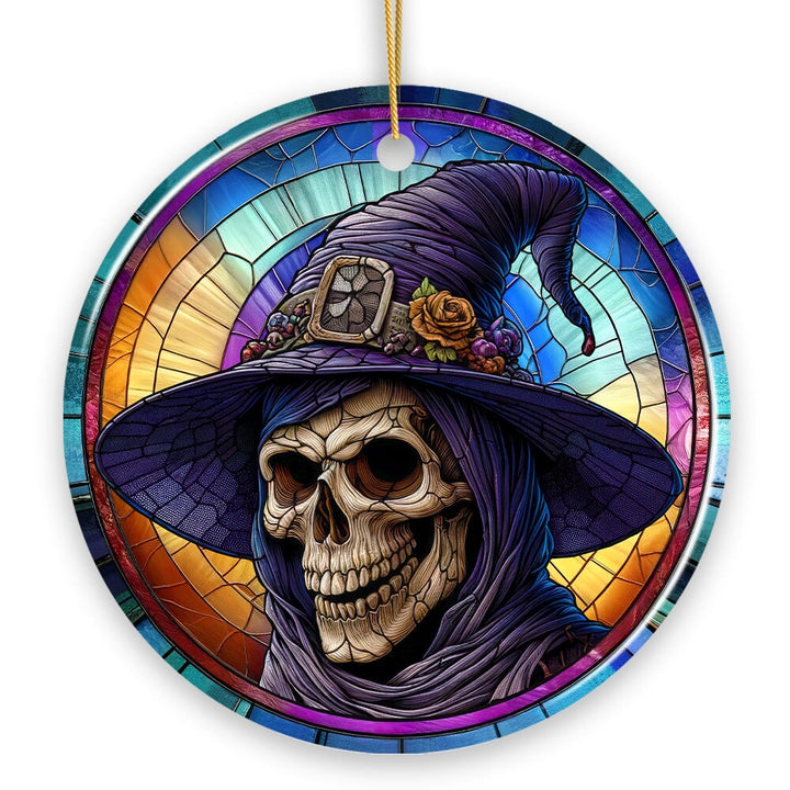 Witchy Grin Skull with Hat and Scarf Stained Glass Style Ceramic Ornament, Halloween Themed Christmas Gift and Decor Ceramic Ornament OrnamentallyYou