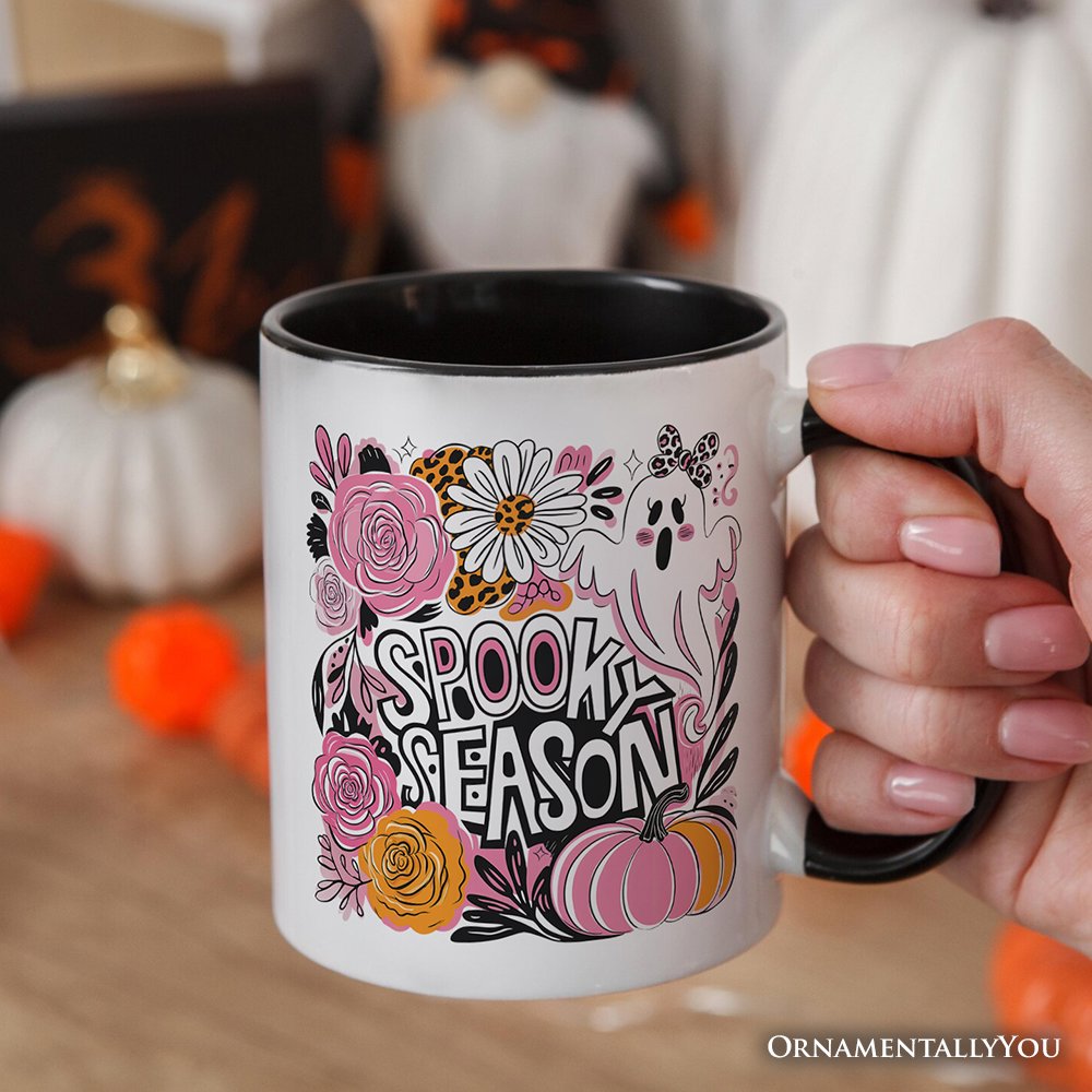 Boho Spooky Season Ghost Personalized Mug, Cute Halloween Gift with Custom Name with Fall Pumpkins Personalized Ceramic Mug OrnamentallyYou