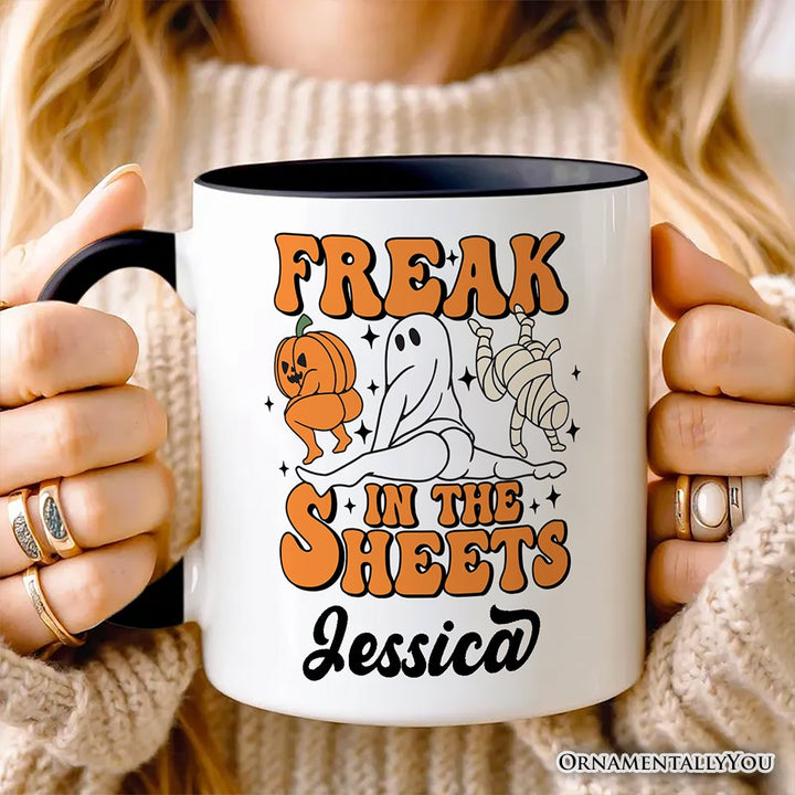 Freak in the Sheets Ghost Personalized Mug, Naughty Halloween Gift with Custom Name Personalized Ceramic Mug OrnamentallyYou