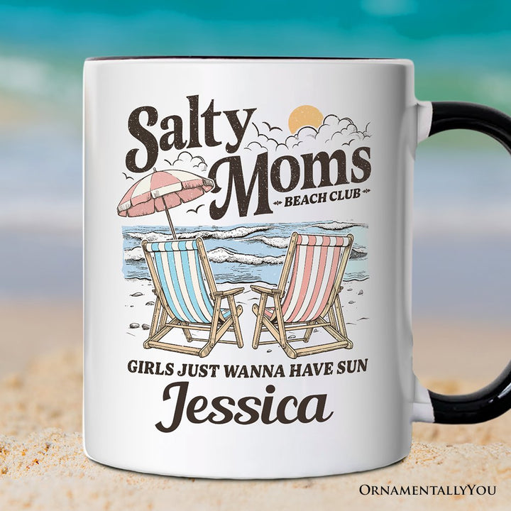 Salty Moms Beach Club Personalized Mug, Retro Summer Gift with Custom Name Personalized Ceramic Mug OrnamentallyYou White - Black Customized