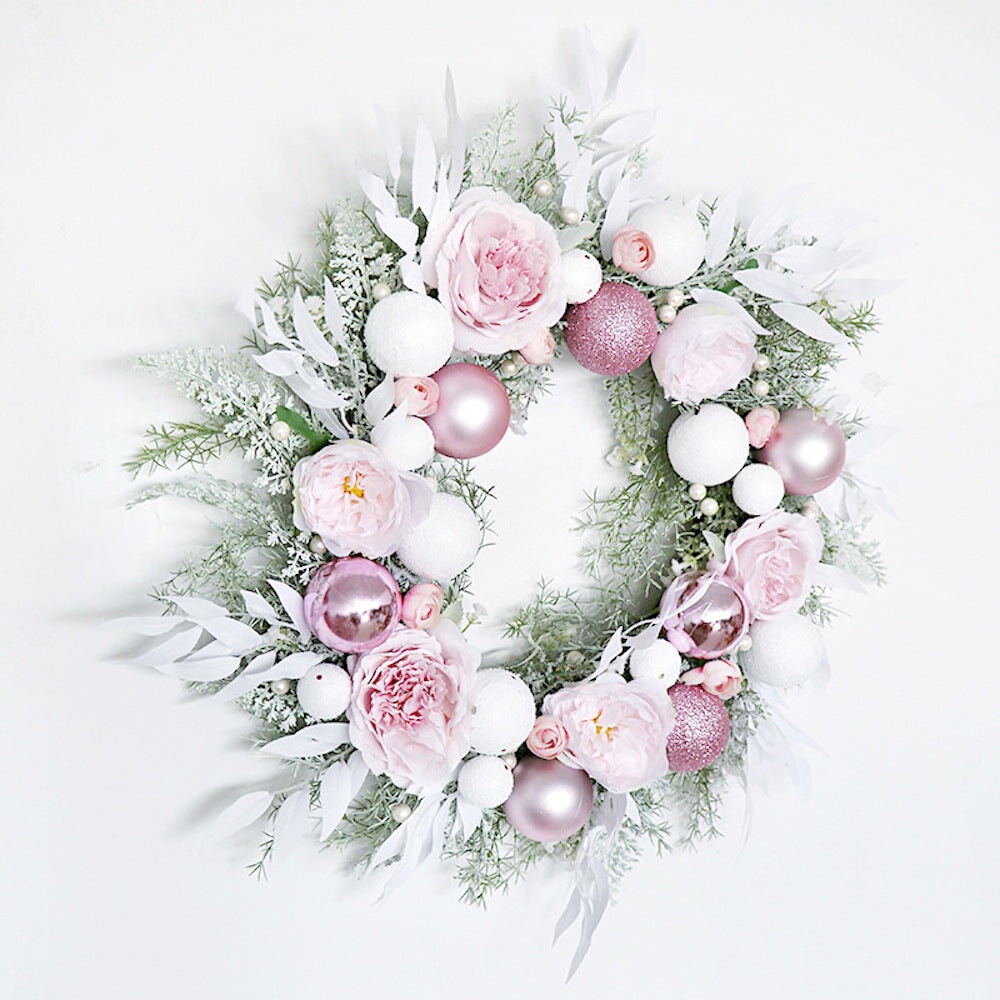 Snow White and Pink Bauble Filled Wreath, Belle Isis Artificial Flowers 22 Inches Wreath Yiwu Qusheng Arts And Crafts Co., Ltd. 