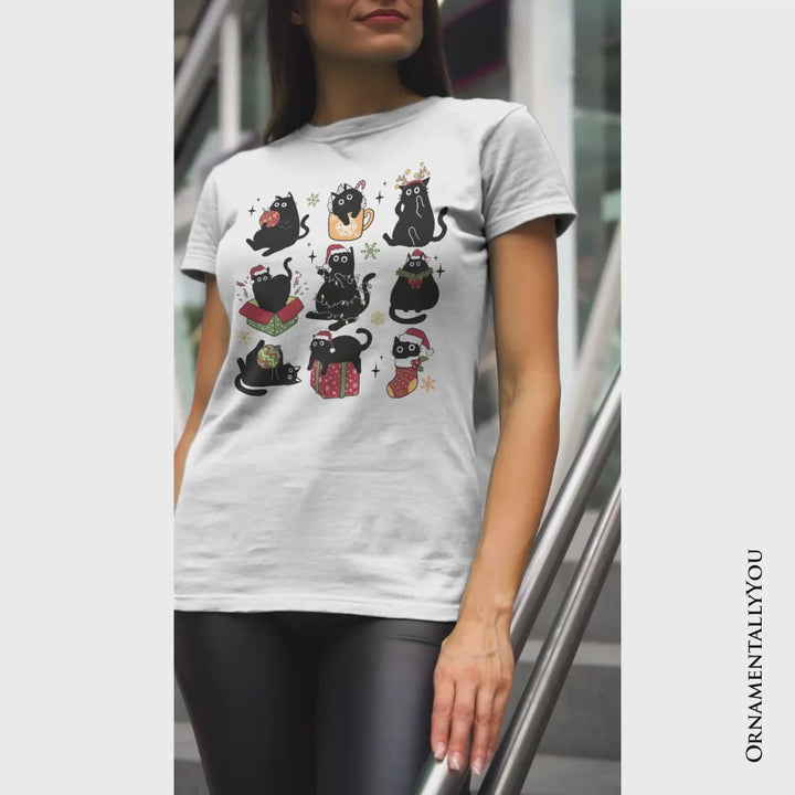 Christmas Black Cats T‑Shirt, Whimsical Cats with Santa Hat Tee