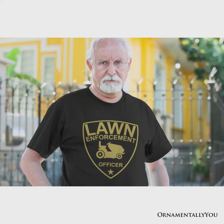 Lawn Enforcement Officer T-Shirt, Funny Badge Style Navy and Black Tee for Lawn Mower Gardener Dad