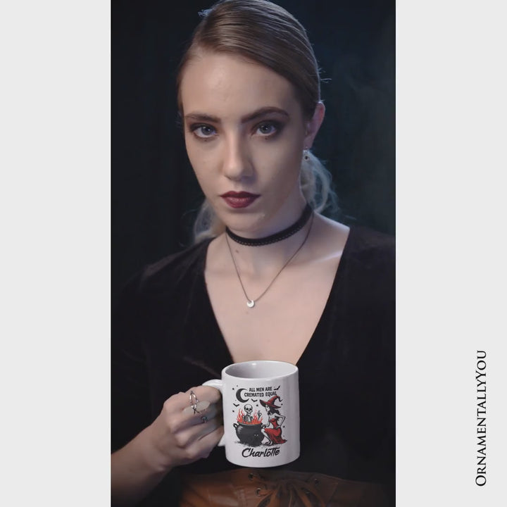 All Men Are Cremated Equal Halloween Personalized Mug, Funny Witch Cauldron Gift with Custom Nam