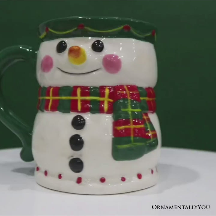 Wonderful Plaid Scarf Snowman 4" Ceramic Mug, Kitchen Christmas Drinkware Decoration
